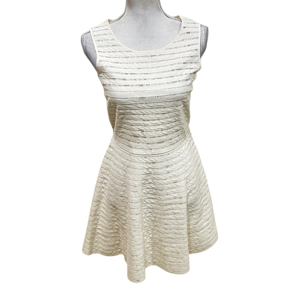 Parker sheer lace ivory fit & flare sleeveless lined crew neck dress silk medium
